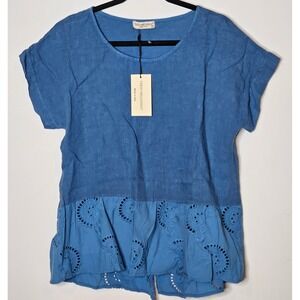 Terzo Millennio NEW Italy Denim Blue Linen Cotton Eyelet Ruffle Top Women Small